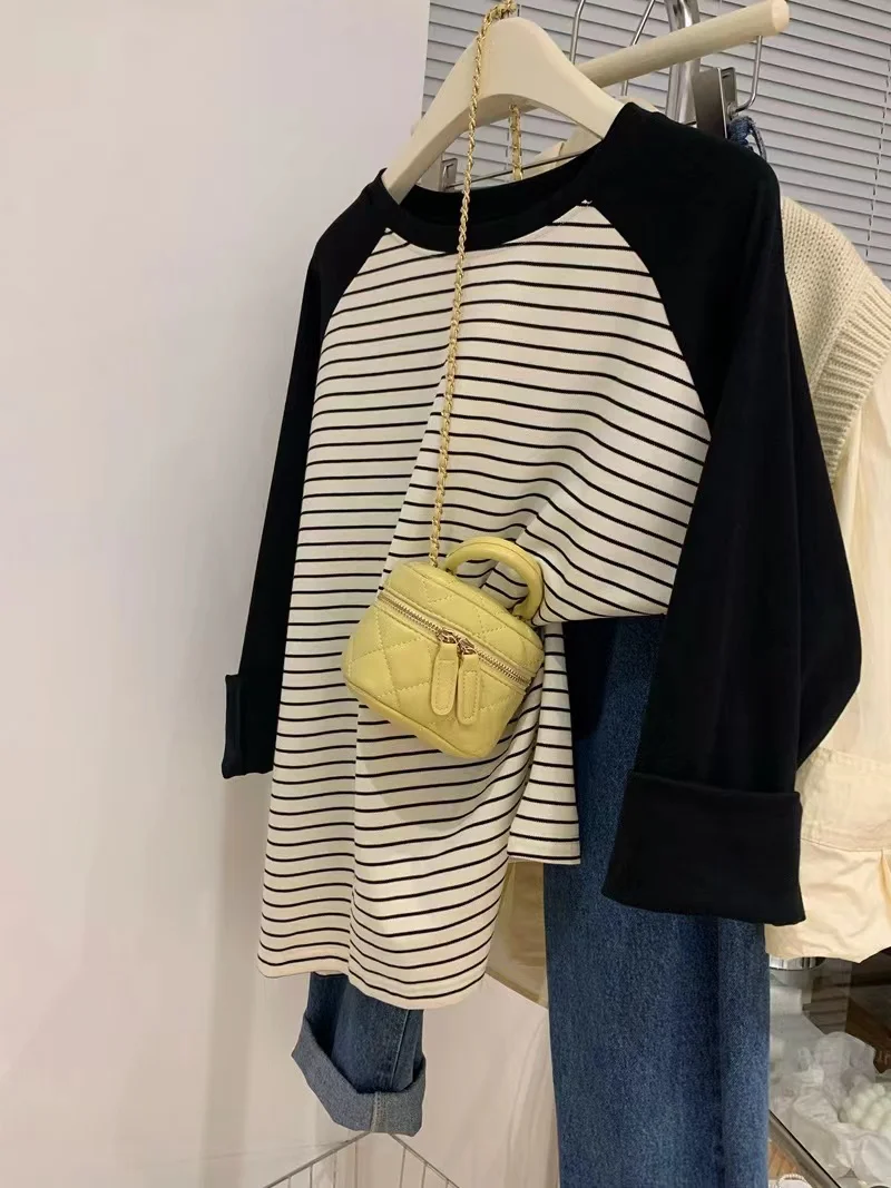 

Plus Size Trendy Striped Long Sve Loose Women's Base irt oulder Insertion Color Blo T-irt Korean Sle round Ne Summer Top