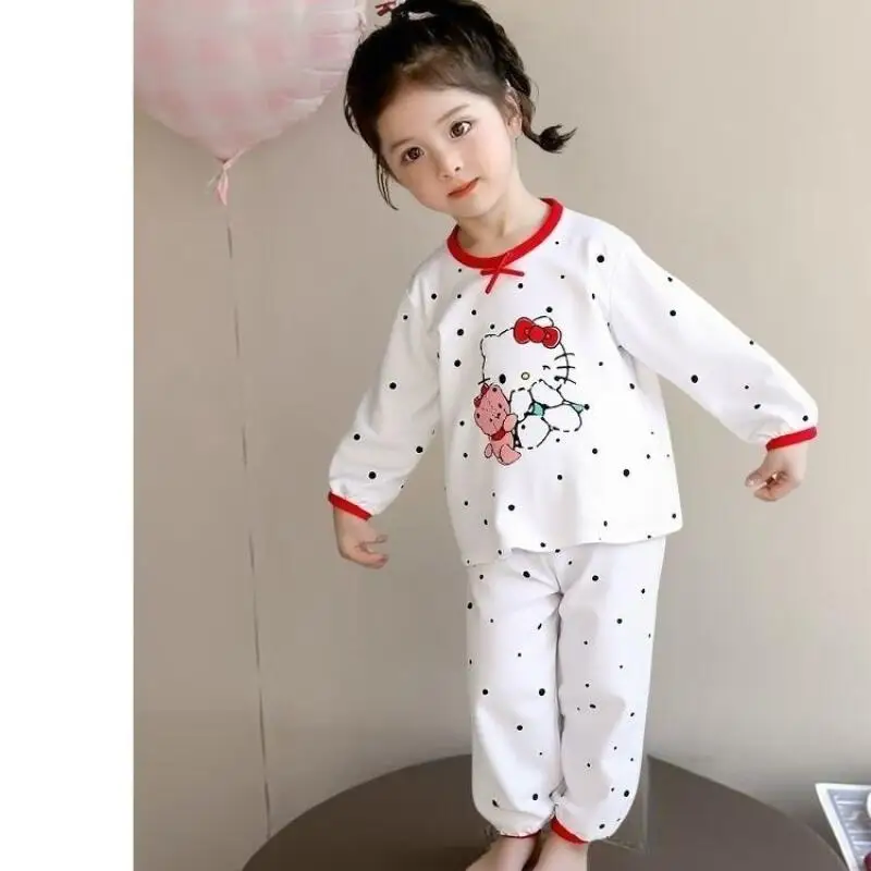 

Пижамы Sanrios Hello Kittys, 2 шт., новый стиль, милый осенний домашний костюм с длинными рукавами и принтом для девочек, удобный костюм с круглым вырезом для малышей