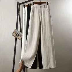 Pantalon en coton et lin pour femme, élégant, taille haute, blanc, jambes larges, surintendant, décontracté, baggy, droit, streetwear, 2024