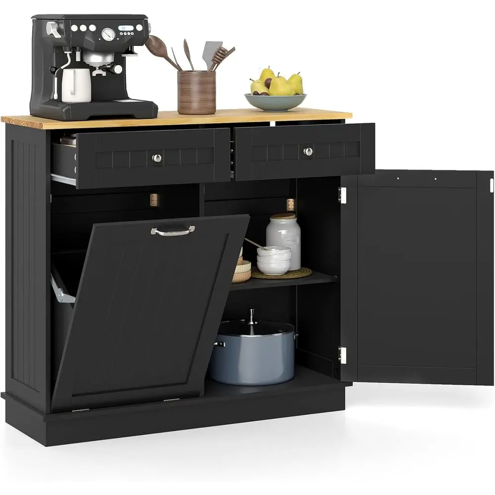 

Шкаф для мусорных контейнеров, кухонный остров-стол с столешницей из массива дерева, 2 ящика, регулируемые полки или скрытый контейнер для белья, мусорный бак с защитой от домашних животных