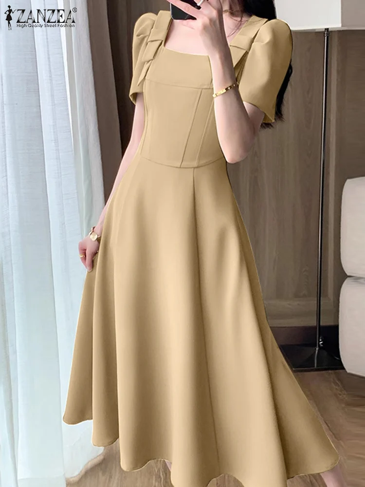 ZANZEA 2024 Summer Waisted Vestidos Women Elegant Long Dress Fashion Square Collar Bowknot Sundress Party Puff Sleeve Dresses