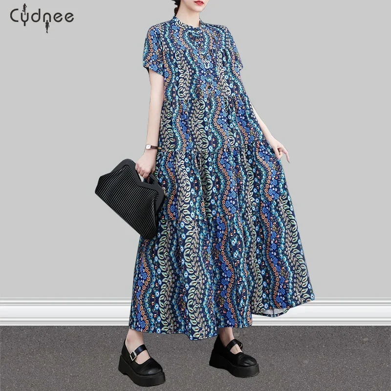 Vintage Chiffon Print Plus Women A Line Multicolor Dress Allover Print Notched Neckline Smock Dress