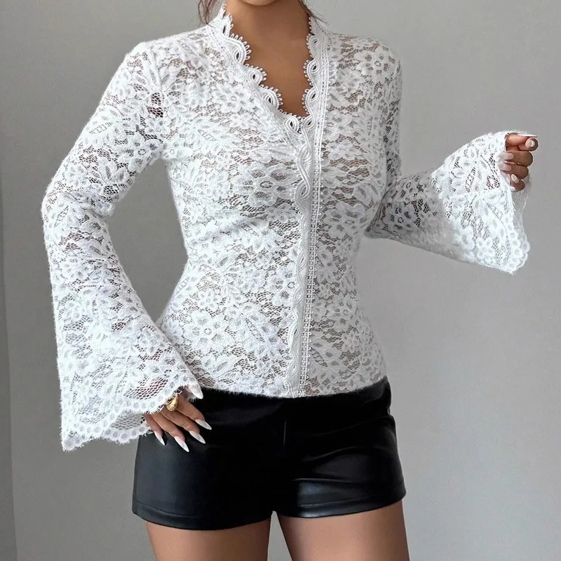 Primavera verão com decote em v manga longa doce pura blusa de renda elegante branco fino ajuste camisa feminina casual festa malha topo para mulher