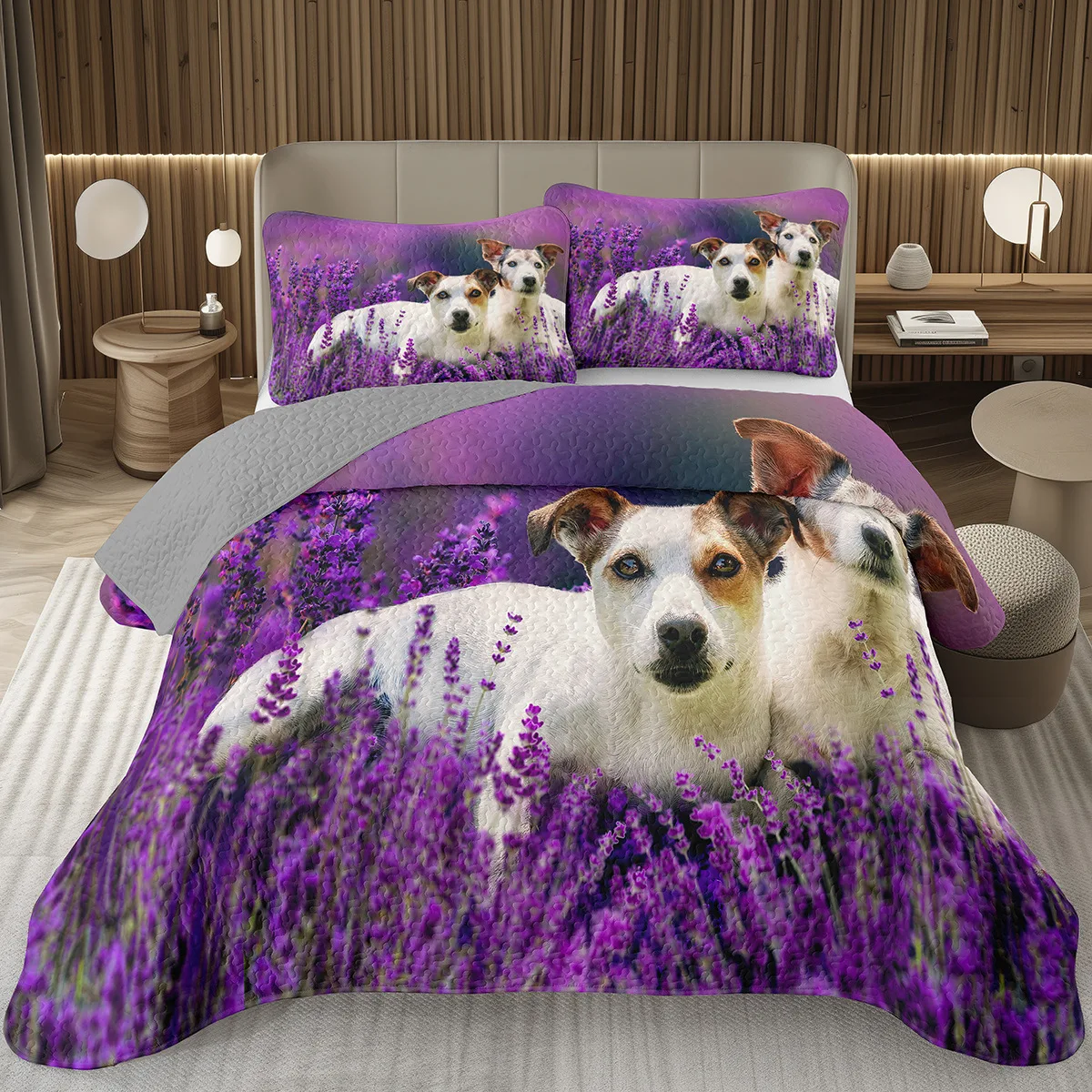 

Cute Dog Bedspread Queen/Twin Lavender Floral Coverlet Kawaii Pet Dogs Bedding Set For Boys Girls Room Reversible Grey Quilt Set