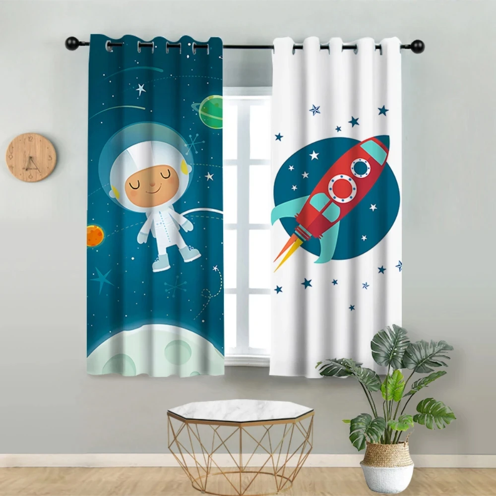 Custom Nordic Minimalist Space Astronaut Planet Boy Children's Room Bedroom Curtain Punched Cartoon Curtain 2Pcs Free Shipping