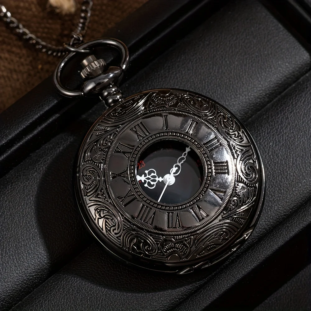 Black Bronze Roman Scale Display Pocket Watch Quartz Relogio  Vintage Exquisite Pocketwatch With Necklace Chain Gift Clock