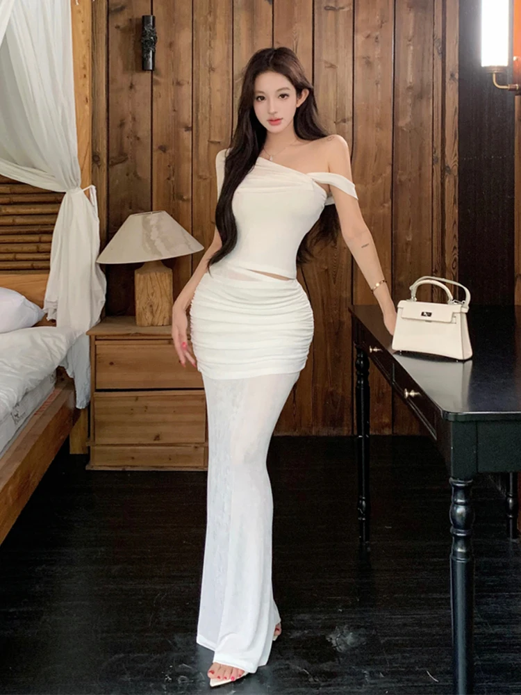 

White Asymmetrical One-Shoulder Knitted Top And High-Waisted Skirt Set Women's Fashion Sensual Style Regular Length Summer Ou...