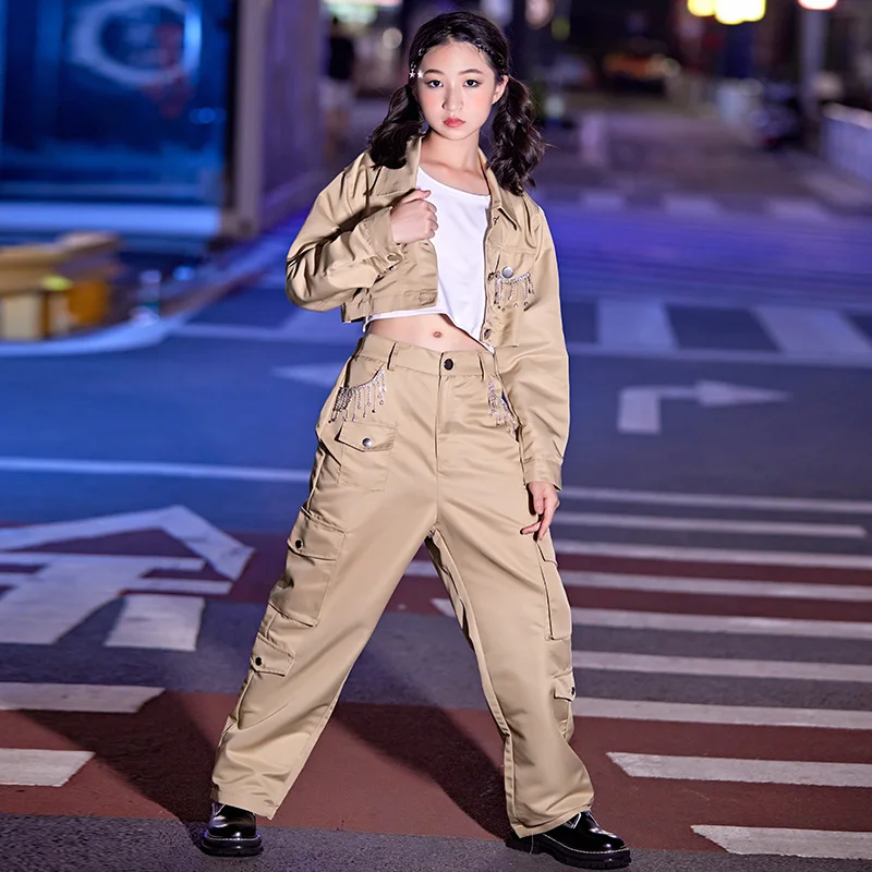 

Khaki Street Dance Costume For Girls Tassel Coat Pants Hip Hop Dancewear Kids Fashion Kpop Outfit Jazz Dance Clothing VDB5987