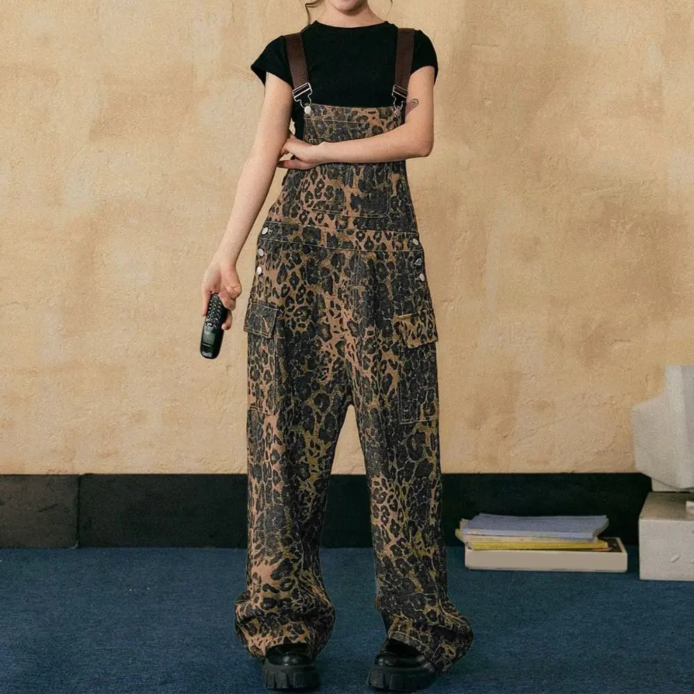 Monos holgados coreanos con estampado de leopardo para mujer, peleles de pierna ancha y cintura alta, pantalones Retro Y2k con estampado de leopardo y pierna recta para mujer