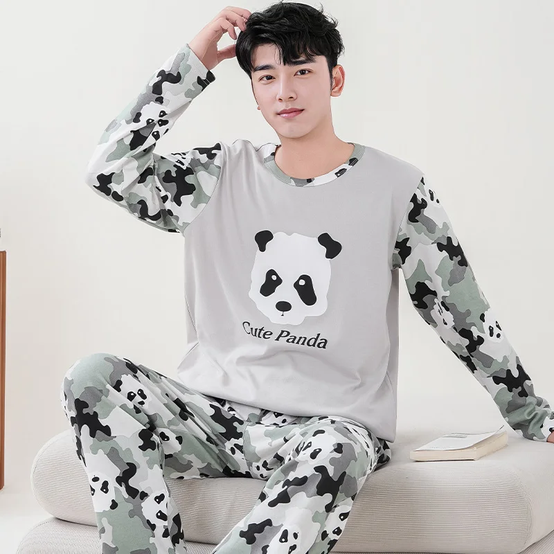 Pijama de algodón de manga larga para Hombre, ropa de dormir con cuello redondo, dibujos animados de Panda, para otoño y primavera