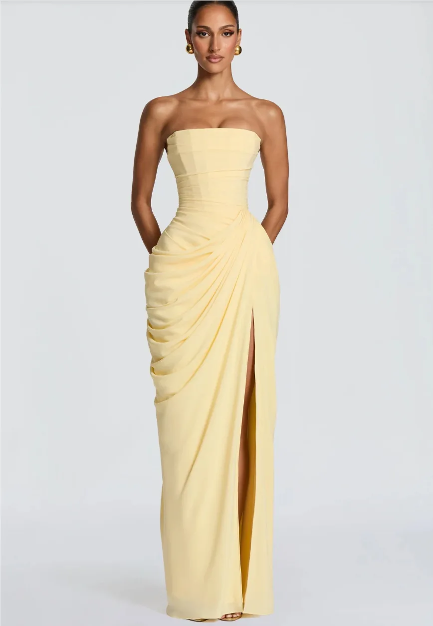 Mingmingxi Spring Summer Yellow Strapless Maxi Dress Ruched High Slit Evening Gown Bodycon Wedding Guest Party Dress Women