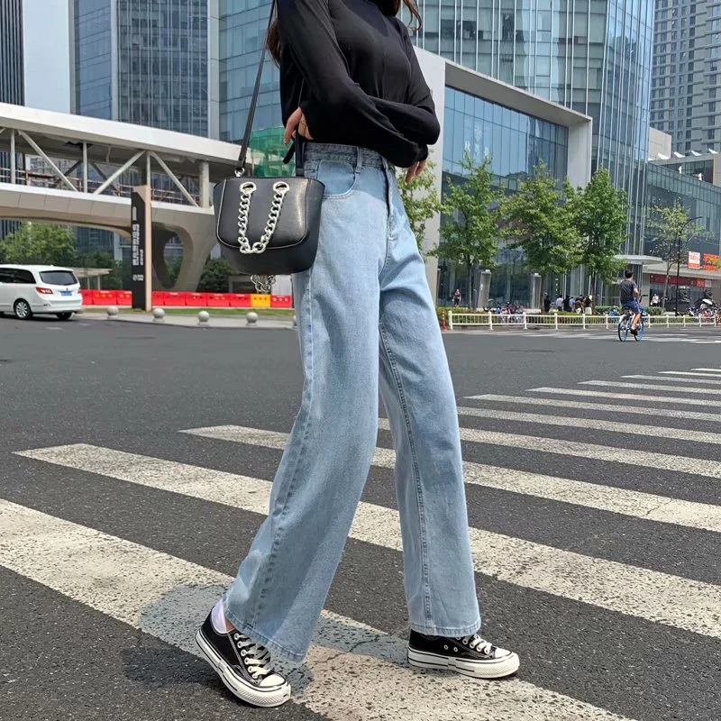 

High Waist Wide Leg Jeans Women's Loose Straight Chic Hong Kong Style Floor-Length Pants plus Size Cotton Denim Spring New