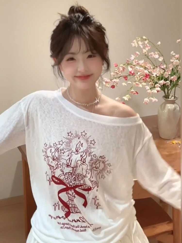 Verão 2025 fiti inclinação oulder camiseta feminina fina longa sve único bonito coreano sle chique sunade topo