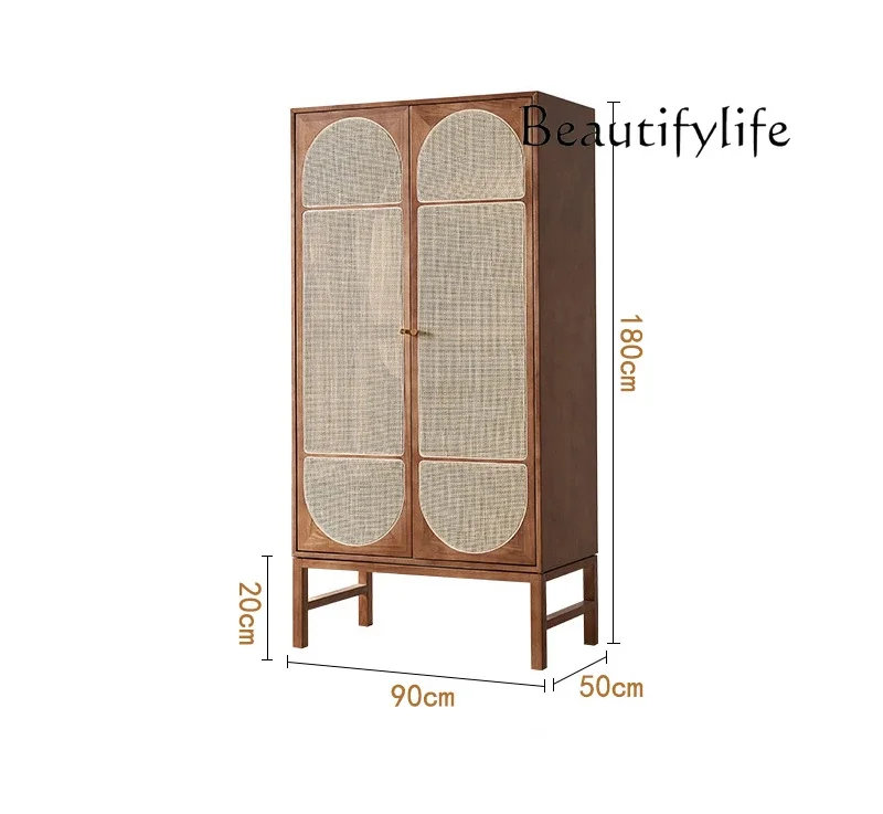 

vV Nordic medieval style solid wood rattan wardrobe simple modern bedroom double door coat cabinet