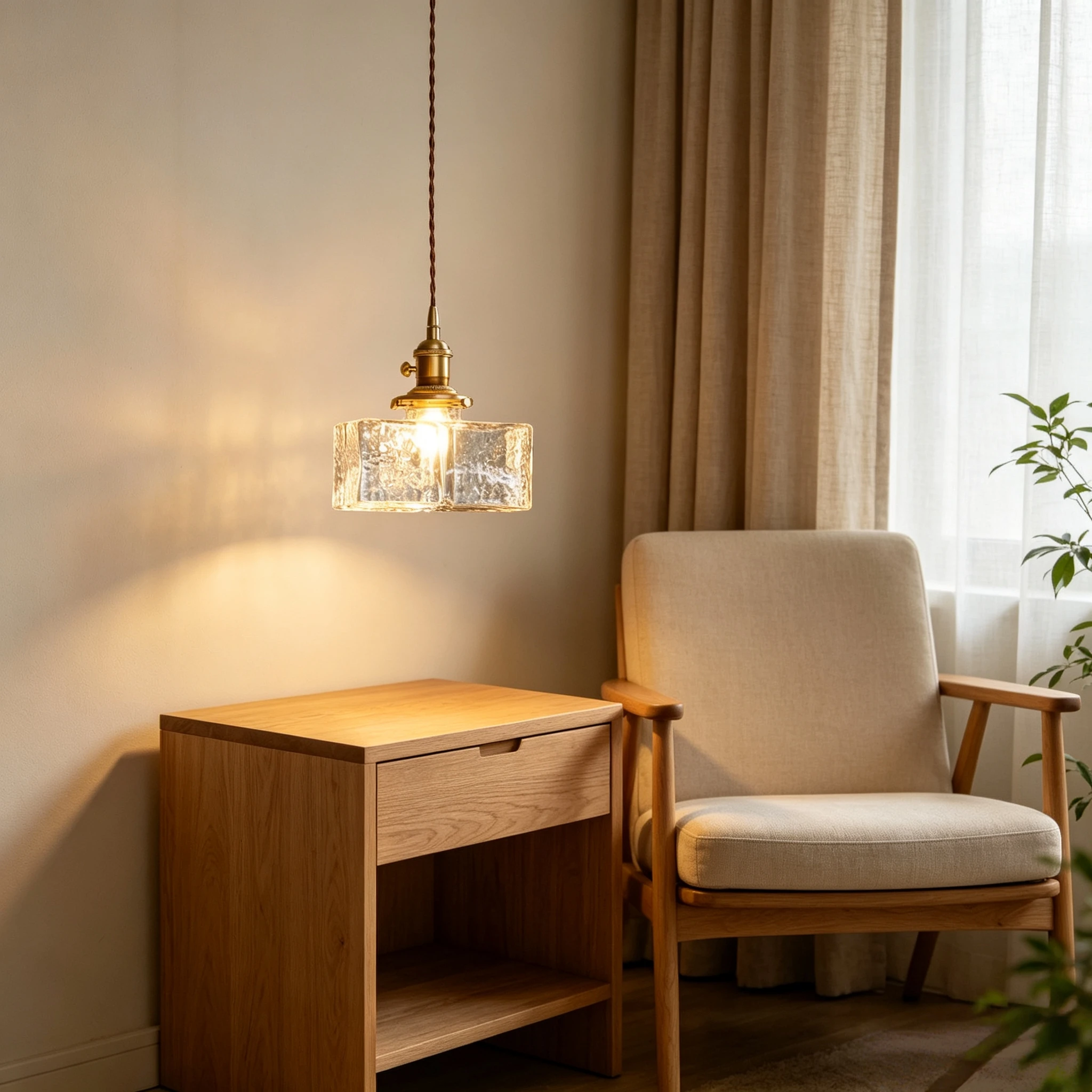 Vintage Brass Square Glass Pendant Light Adjustable Wire Retro Hanging Lamp for Kitchen Bar Cafe Bedside Dining Corner Decor