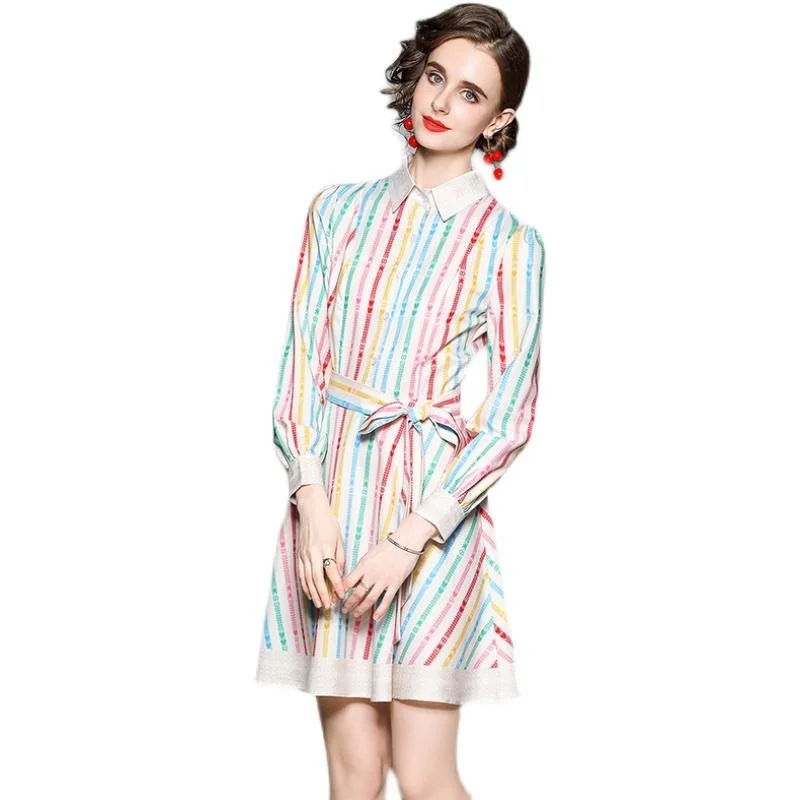 Fashion New Long Sleeve Office Lady Dresses Graceful Rainbow Striped Polo Neck T-shirt Skirts Single Breasted Bandage Vestidos