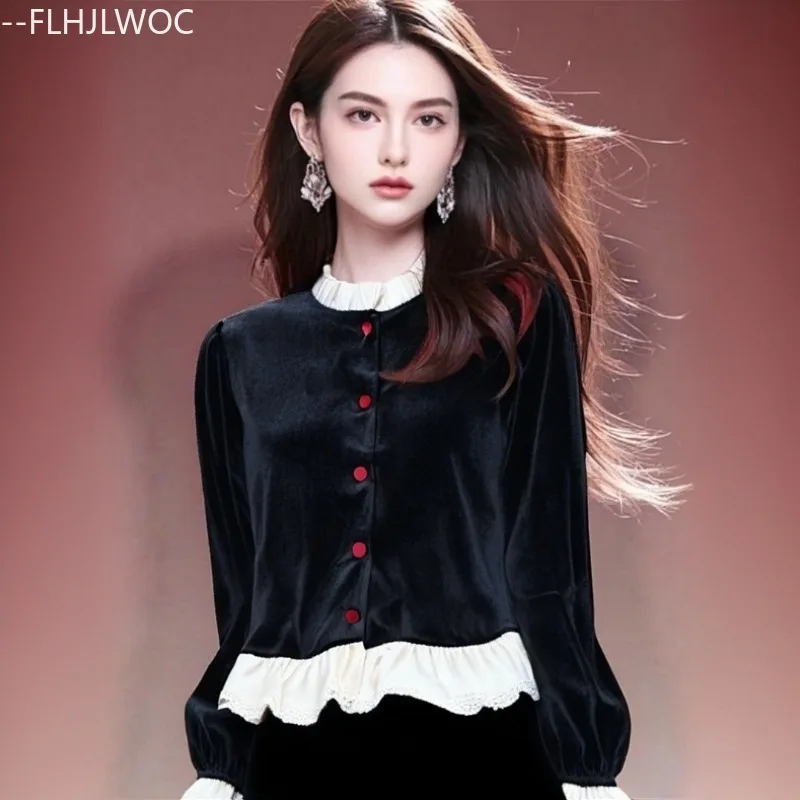 

Рождественская черная бархатная верхняя блузка, новогодняя женская осенне-зимняя базовая элегантная женская рубашка с длинным рукавом в стиле ретро с воротником-стойкой и оборками