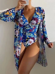 One Piece V-neck Tropical Print Swimsuit With Cover Up Swimwear 2024 Women Beach Wear Female Bathing Swimming Swim Suit Summer