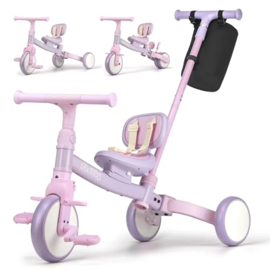 Triciclo infantil 5 em 1 com alça de direção para 1-4 anos, pedais removíveis, rosa, primeiro brinquedo de equitação, presente de aniversário para gi