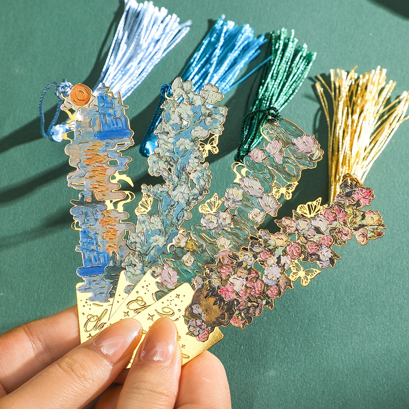 4 pcs Vintage Bronzing Painting Hollow Metal Bookmark Tassel Pendant Reading Book Holder Stationery Supplies For School Friends 