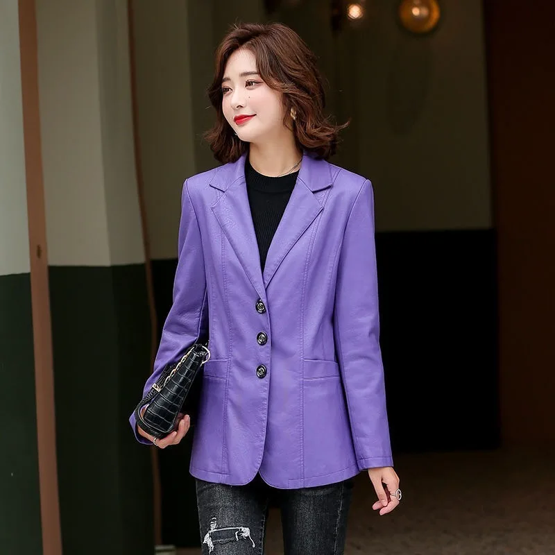 2023 Spring Autumn New Women Slim Small Suit Motorcycle Wind Imitation Sheepskin  Long Cardigan Loose Thin Style Leather Coat