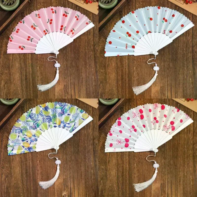 Folding Hand Fan Summer Cherry Lemon Fruit Pattern Portable Plastic Frame Fabric Tassel Cooling Fan For Home Women