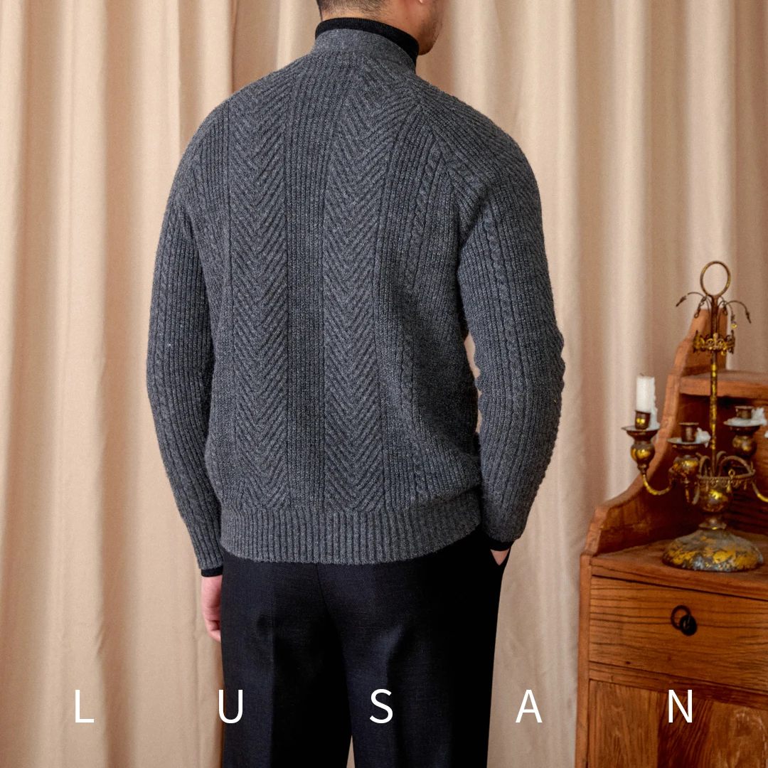 Men's Wool Jacquard Pattern Long-sleeved Cardigan Slim-fit Knitted V-neck Vintage Old Money Style Autumn Jacket