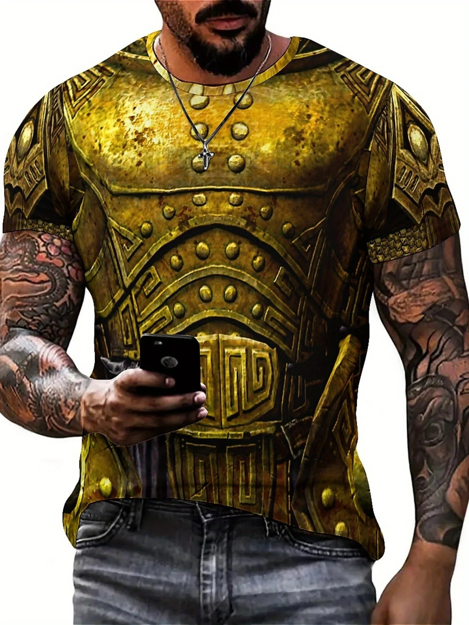 Camiseta con armadura de caballero dorado con estampado 3D para hombre, diseño europeo medieval vintage, estilo gótico, perfecta para cosplay y ropa casual