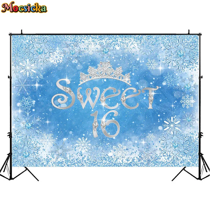 الثلج المجمدة 16th عيد ميلاد خلفية الأميرة تاج فتاة الحلو 16 حفلة عيد ميلاد ديكور الدعامة استحمام الطفل خلفية التصوير الفوتوغرافي