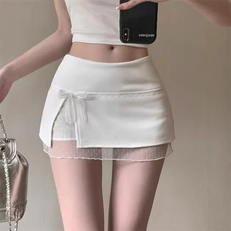 Summer high waisted anti glare temperament short skirt bow lace patchwork spicy girl wrapper hip skirts for women