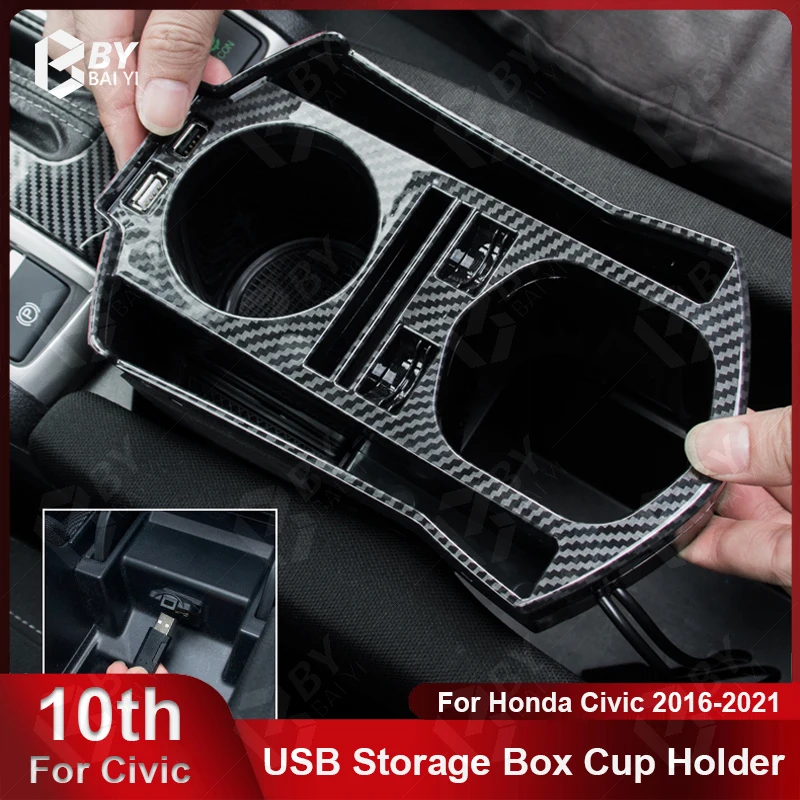 For Honda Civic 10th Gen Centre Console Cup Holder Storage Box Dual USB Mobile Phone Box Cup Holder Decoration Car Accessory