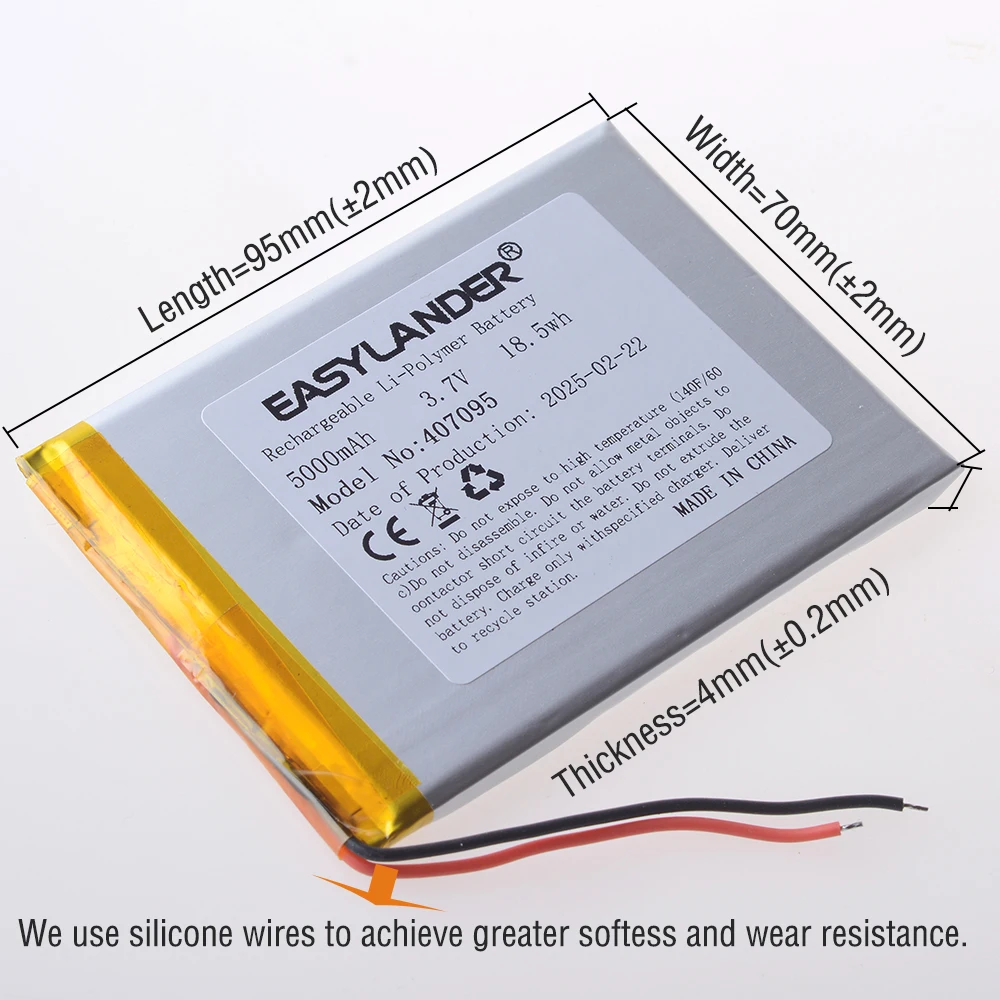 Cables de silicona CE+Rohs 407095   Baterías Lipo de batería de polímero de litio recargables de 3,7 V 3000 mAh