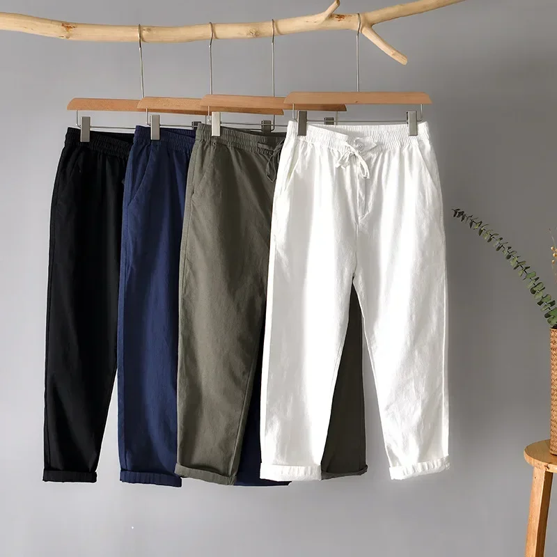 Summer Man Pants Beach Cotton Linen Pants Men White Drawstring Elastic Waist Nine Point Pants Daily Casual Simple Harajuku Pants