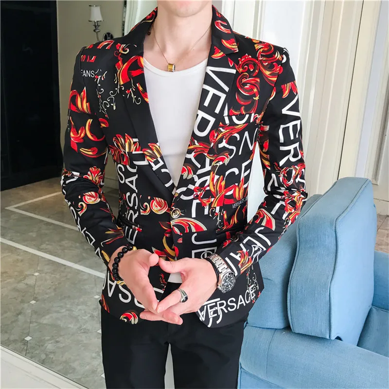 Spring and Autumn Men Suit New Product Fashion Trendy Men\'s Letter Printed Small Suit Floral Suit Men\'s Casual Suit Clothing