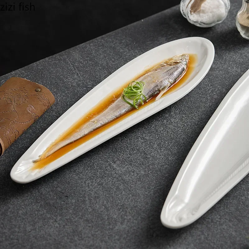 White Shaped Fish Plate Ceramic Autumn Knife Fish Long Strip Plate Steamed Fish Plate Sushi Dish Artistic Conception Tableware