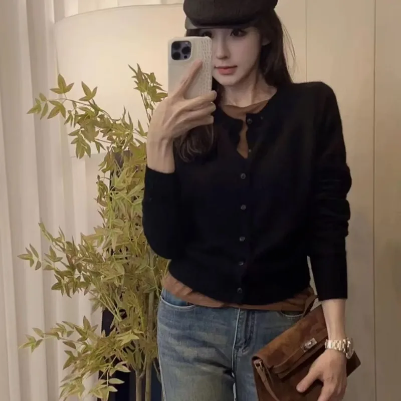 

Женский вязаный кардиган из 100% кашемира с круглым вырезом, свободный осенне-зимний свитер, шерстяное пальто