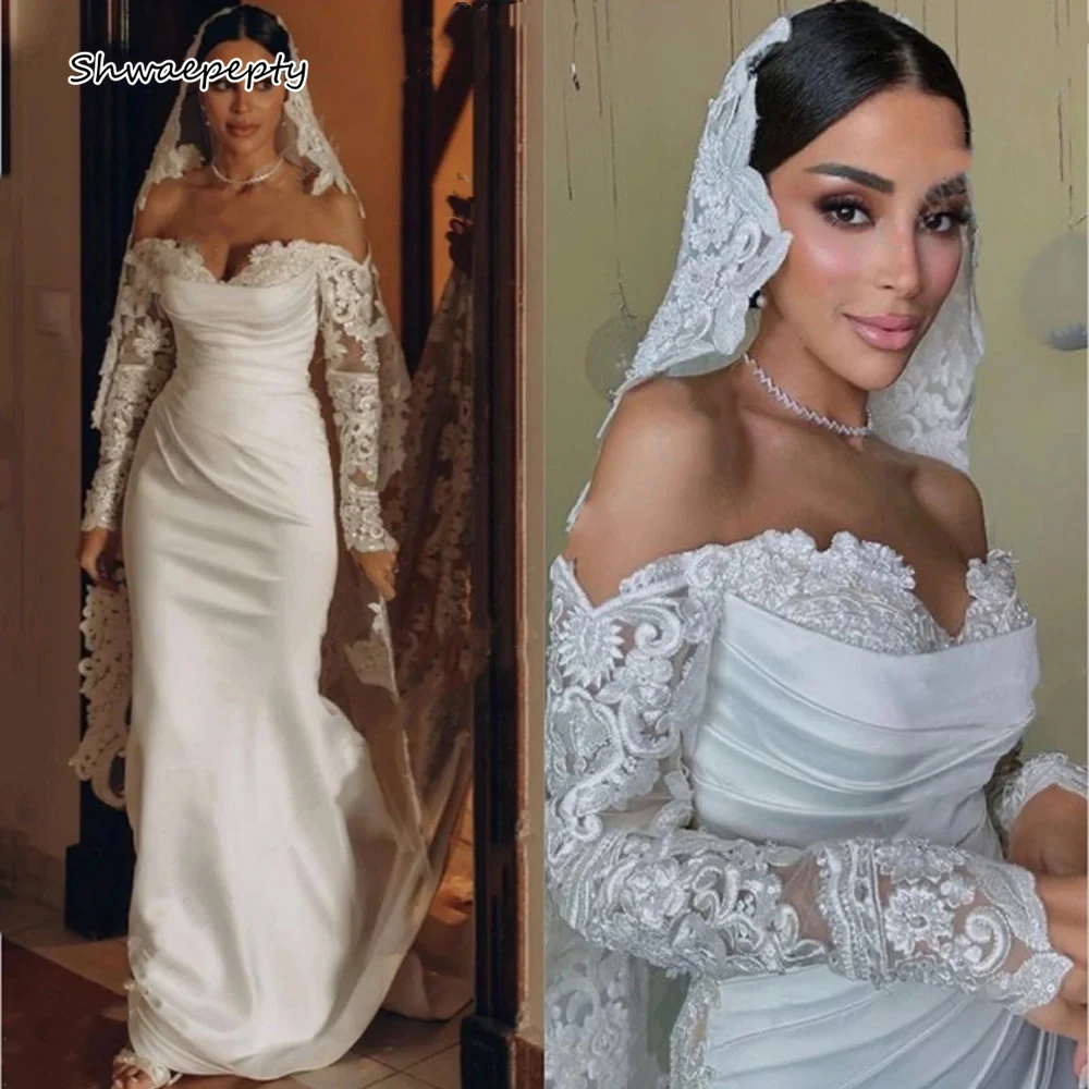 Off Shoulder Mermaid Wedding Dresses With Lace Long Sleeves Sweetheart Neck Pleats Ivory White Satin Elegant Bridal Gown