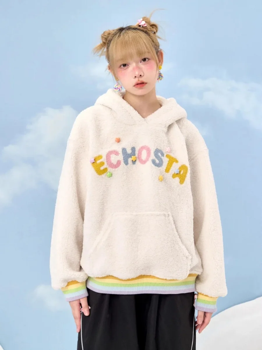 

Original Dopne Lamb Fur Hooded Jaet Winter New Sle Star Rainbow Hem Trendy Thiened Sweatirt Korean Sle Long Sve