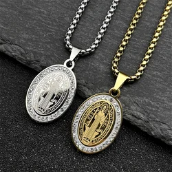 Catholic Saint Benedict Pendant Necklace for Women Men Stainless Steel Gold Color Rhinestone San Benito Chain Jewelry