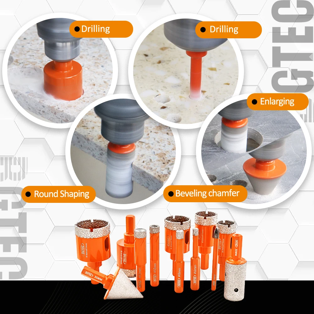 BGTEC 12pcs Diamond Dry Drill Bit Kit Dia6-35mm Aluminum Case Cross Drill Bit Chamfer Grinding Rod Ceramie Tile Granite Marble