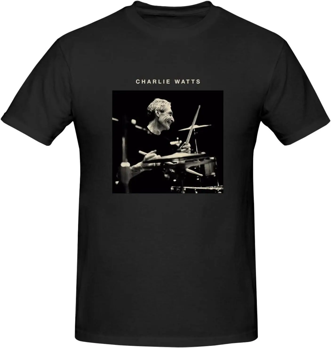 Charlie Music Watts Men's Pure Unisex Short Sleeve Crew Neck T-Shirt Plain Tee Casual Sport T-Shirt Black