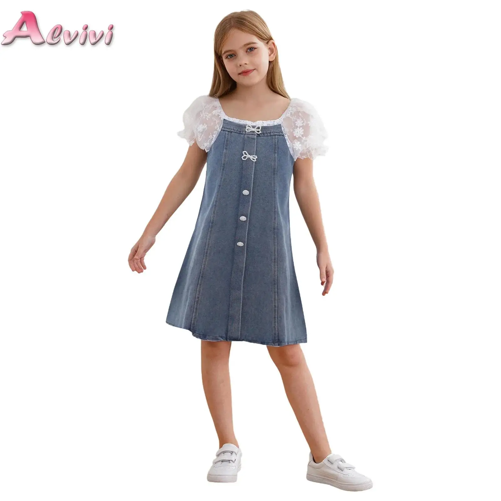 

Girls Dresses Summer Elegant New Baby Girls Lace Bubble Short Sleeve Princess Denim Dress For Wedding Birthday Party Holiday