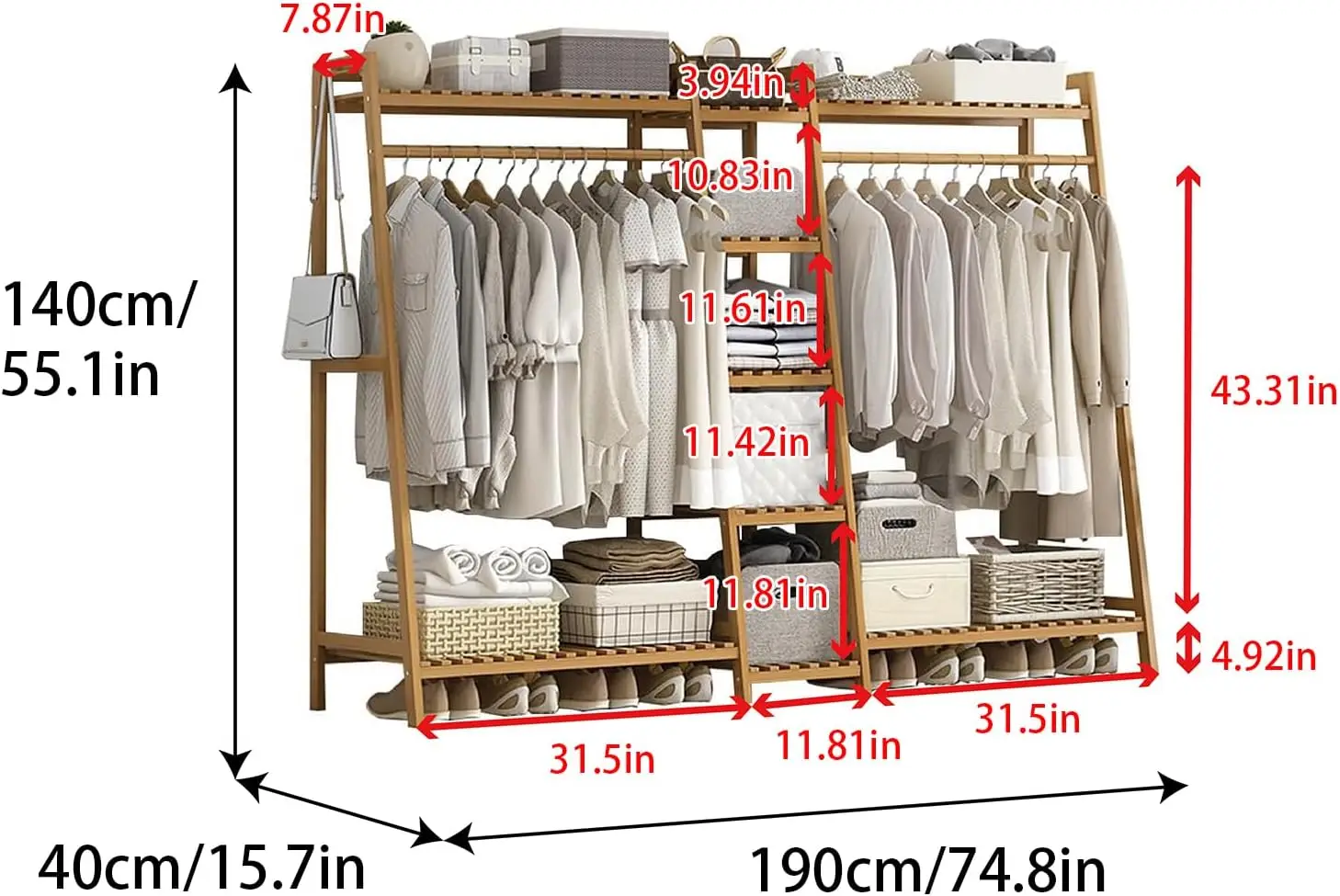 Bamboo Garment Rack, 9 Tier Storage Shelf, Coat Clothes Hanging Rack, Portable Wardrobe, Closet Organizer with Top Shelf