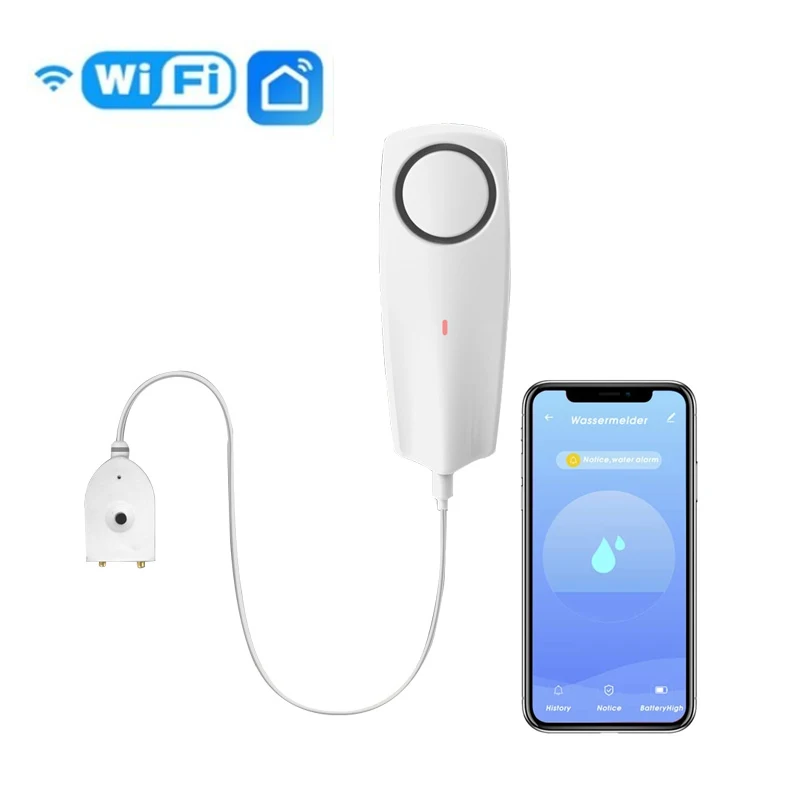 

Датчик утечки воды Tuya, Wi-Fi датчик утечки воды со встроенной аккумуляторной батареей, звуковое оповещение 80 дБ, дистанционное управление через приложение, домашний мониторинг