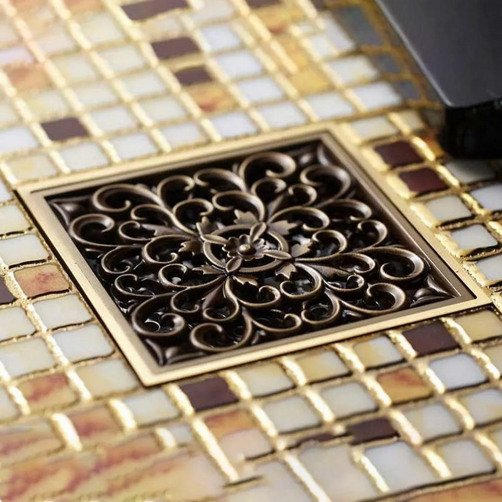 Antique Bronze Brass Floor Drains Art Flower Carved Bathroom Shower Square Strainer Waste Grate Floor Drain Khr013