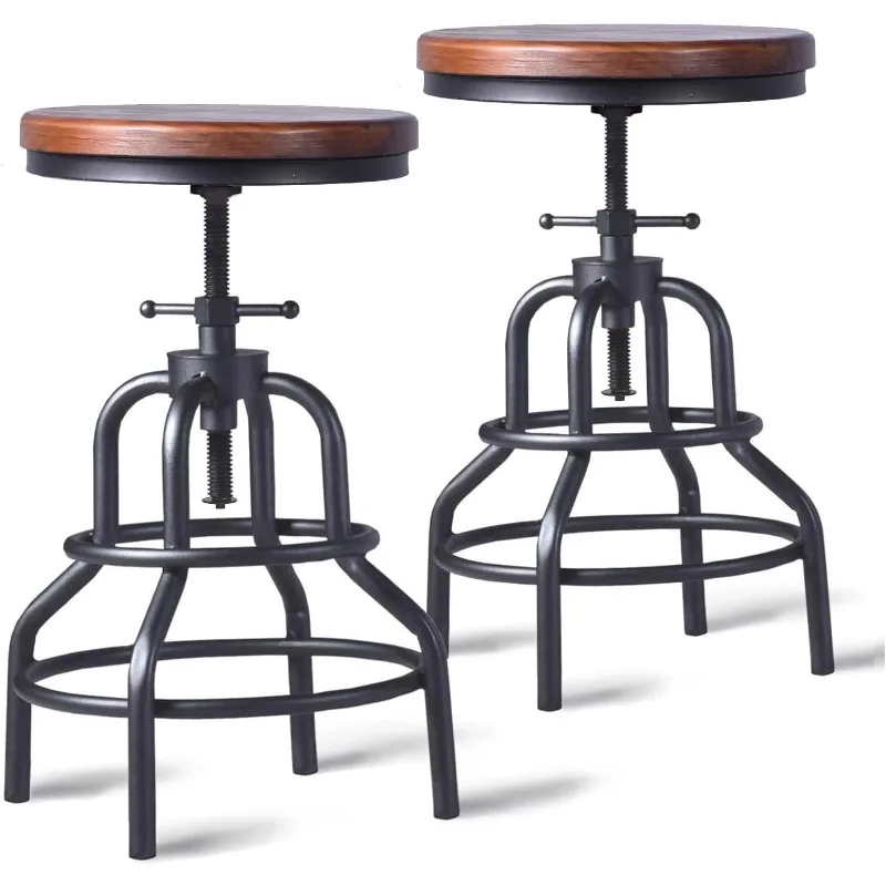 Bar Stool-Rustic Swivel Bar Stool-Round Wood Metal Stool-Kitchen Counter Height Adjustable Pipe Stool-Cast Steel Stool