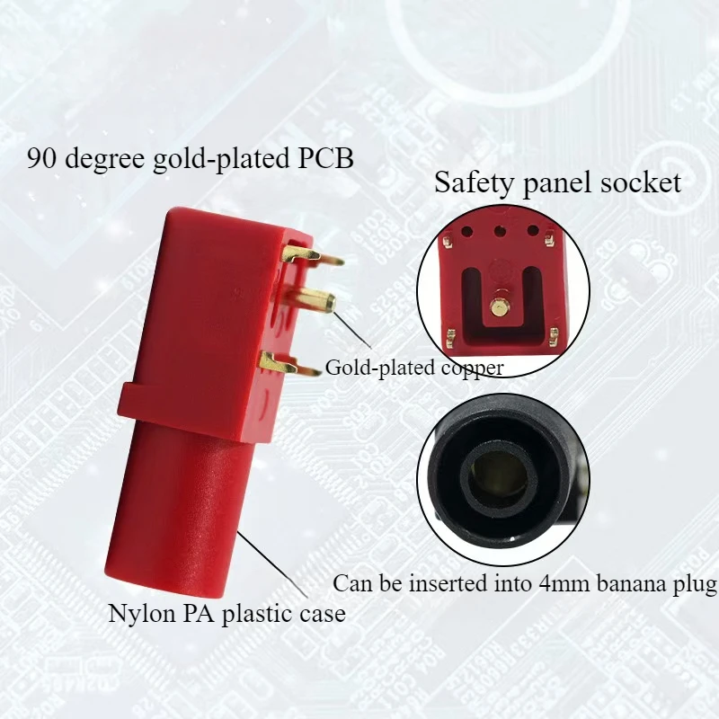 5 uds conector Banana cobre puro chapado en oro 4MM 90 grados Panel PCB seguridad PA caja moldeada alta corriente 24A 1000V J.40016