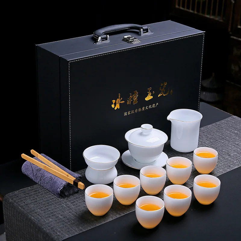 

Iced Jade Porcelain Kung Fu Tea Set Wholesale Cap Bowl Tea Cup Set Household Enterprise Gift with Hand Gift and Logo