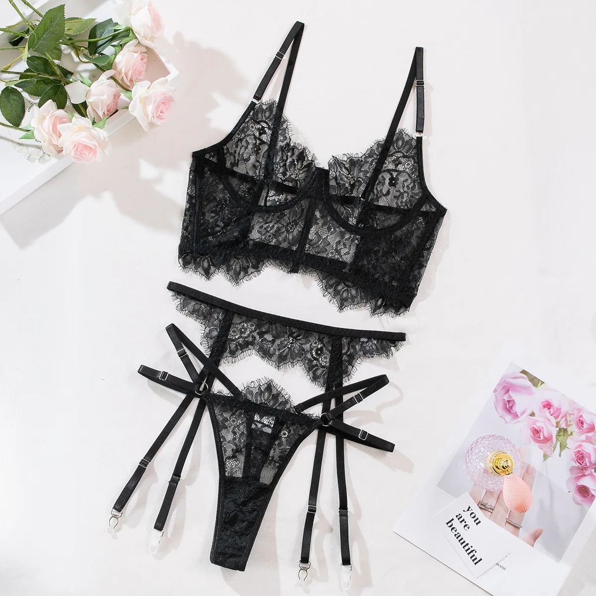 ECTOOKO New Sexy Lace Fishbone Bra with Vest See-Through Body-Shaping Sexy Lingerie Three-Piece Set