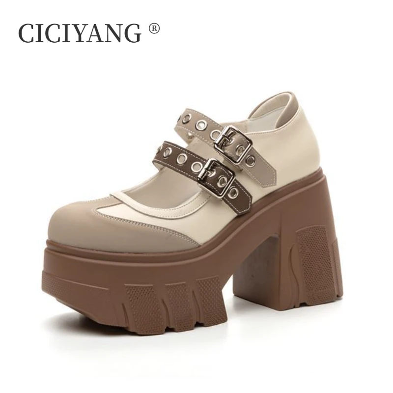 

CICIYANG Women 11cm Mary Jane Shoes Genuine Leather 2024 Spring and Summer New Women High Heels Color Block Platform Girls Shoes